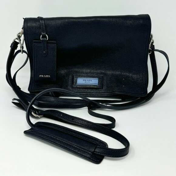 PRADA Glace Calf Etiquette Shoulder Bag Medium - Black Leather/Blue Suede - Picture 1 of 16